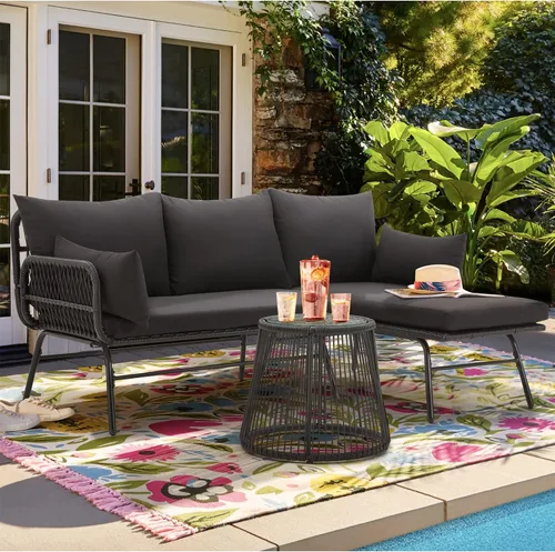 Miniatura 8 de EROMMY - Juego de 3 piezas de patio para conversar, juego seccional en forma de L de muebles de patio con sofá, cojines gruesos y mesa auxiliar
