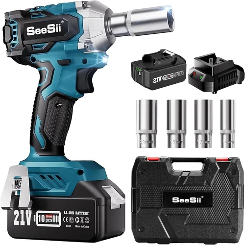 Seesii Llave de impacto inalámbrica de 3/8", pistola de impacto eléctrica con par máximo de 330 pies-libra (450 N.m), batería recargable de 4.0 Ah y