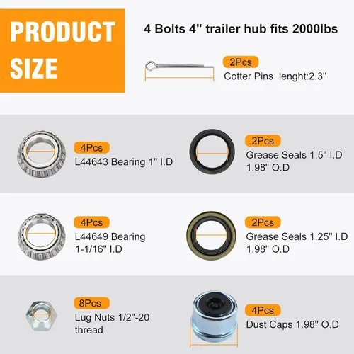 Miniatura 3 de Juego de 2 kits de cubo de remolque de 4 orejetas para 2000 libras, cubo de remolque de 4×4" apto para ejes de remolque de 1" y 1"-1/16", cubo