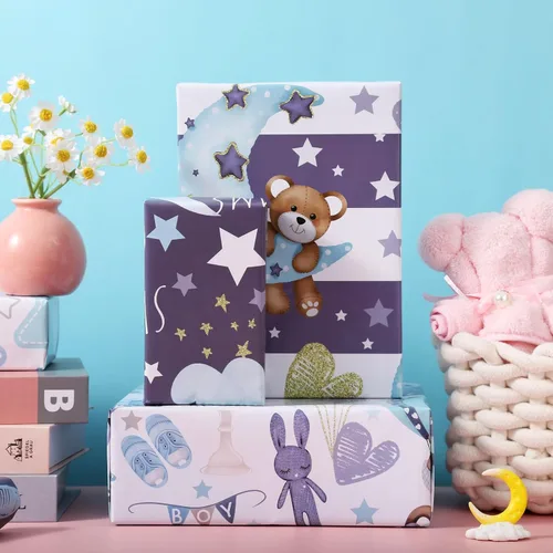 Miniatura 6 de Dtiafu Papel de regalo para baby shower para bebé niño – 12 hojas de papel de regalo azul bebé con patrón de oso estrella, pastel, luna y dulces