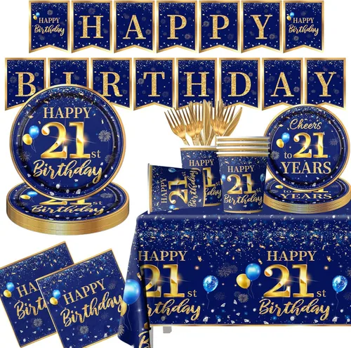Decoración de cumpleaños número 21 para hombre, juego de vajilla de cumpleaños azul marino y dorado de 142 piezas (reserva para 20), incluye