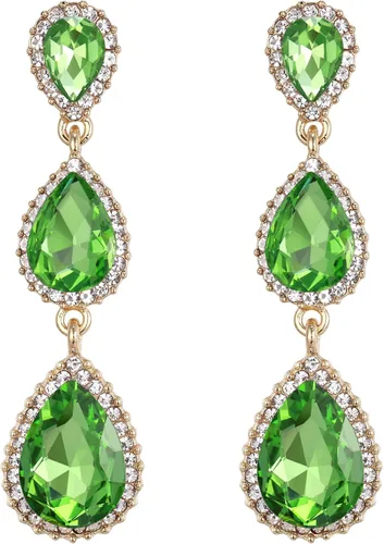 Miniatura 129 de EleQueen Pendientes de cristal austriaco en tono dorado para mujer, forma de pera de 2.5 pulgadas, color esmeralda