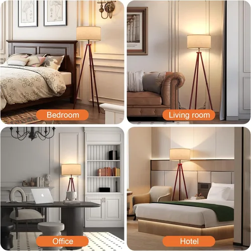 Miniatura 7 de LiteHistory Lámparas de pie de trípode de madera para dormitorio, sala de estar y oficina, lámpara de esquina con pantalla de lino beige, bombilla