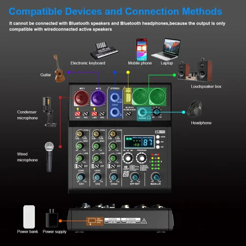 Miniatura 7 de XR-4 Negro Mezclador DJ Profesional de 4 Canales con DSP Integrado 99 Sonidos + Bluetooth 5.0 USB Grabación Karaoke Rendimiento en Vivo Diseño