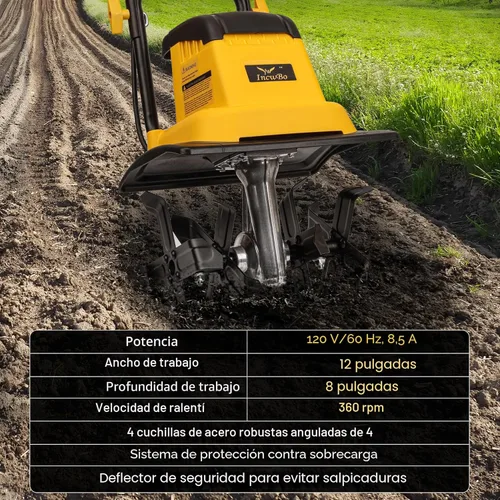 Miniatura 9 de IncwBo 12 Pulgadas 8.5 Amperios Cultivador de Tierra con Cable de 8 Pulgadas de Profundidad, Cultivador Eléctrico de Jardín de 360 RPM con Enchufe