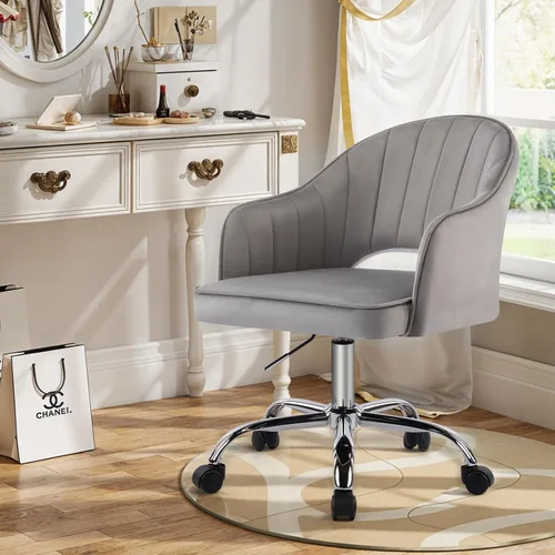 MOJAY Silla de tocador moderna con ruedas, silla de oficina en casa de terciopelo recortado de respaldo medio, asiento suave giratorio de altura