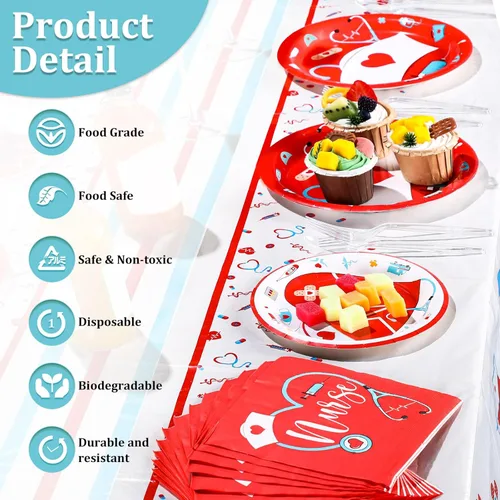 Miniatura 4 de 200 piezas de decoraciones de fiesta de enfermería de graduación, platos de fiesta de la semana del médico, incluye platos desechables de papel de 9