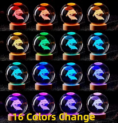 Miniatura 2 de Lámpara de bola de cristal 3D de Axolotl, lámpara de noche de bola de cristal mejorada de 3.15 pulgadas con 16 colores LED, base de madera, control