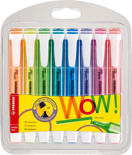 STABILO - Conjunto de marcadores Swing Cool, paquete de 8, colores variados - Portátil, cierre de clip, suministros para oficina + escuela Colores