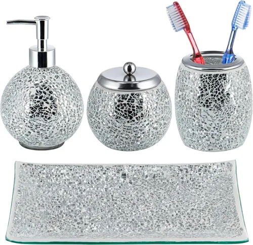 Juego de accesorios de baño de vidrio de mosaico, moderno conjunto de baño de lujo, incluye dispensador de jabón, tarro de hisopo de algodón,