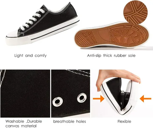 Miniatura 4 de ZGR - Tenis bajos de lona con cordones para mujer estilo clásico casual color blanco y negro