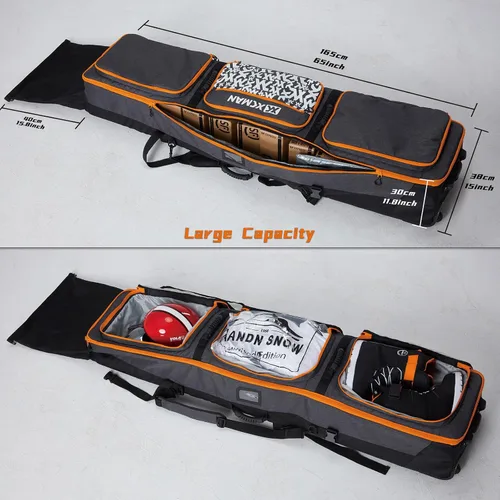 Miniatura 7 de XCMAN Bolsa de snowboard con ruedas, longitud ajustable, extra larga/ancha/profunda, impermeable, con varillas de protección 140L
