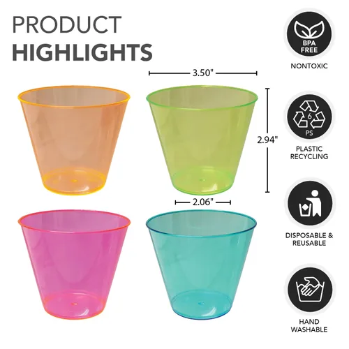 Miniatura 4 de Vasos de plástico para fiestas de Party Essentials, 9 onzas de capacidad, con brillo, Variado neón, 500