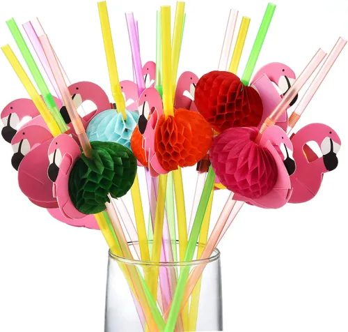 ALINK 50 popotes de flamenco, popotes de plástico para suministros de fiesta tropical Luau/decoraciones hawaianas/cumpleaños/fiestas en la piscina