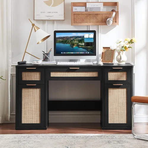 Miniatura 5 de LEYAOYAO Office Desk 56" with 5 Drawers Storage File Cabinet Rattan Wood Desk for Computer Office Bedroom Home Furniture Black