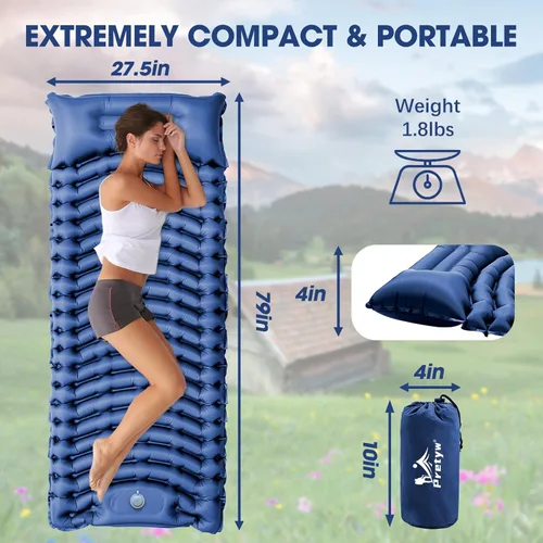 Miniatura 2 de Colchoneta de dormir para camping, colchón ultraligero con almohada, bomba de pie integrada, alfombrilla portátil inflable compacta para mochileros
