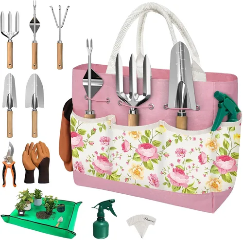 Juego de 22 piezas de herramientas de jardín para mujeres, kit de herramientas manual resistente que incluye bolsa práctica/pala/alfombrilla para