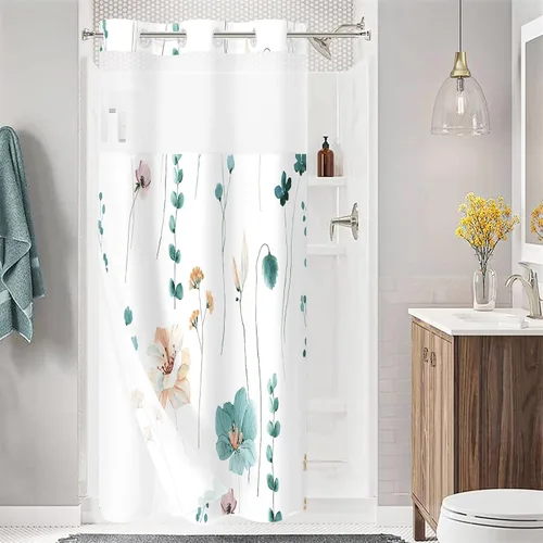 Miniatura 14 de Gibelle Juego de cortina de ducha pequeña sin gancho con forro de tela a presión, 36 x 74 pulgadas, cortina de ducha de flores azules y beige