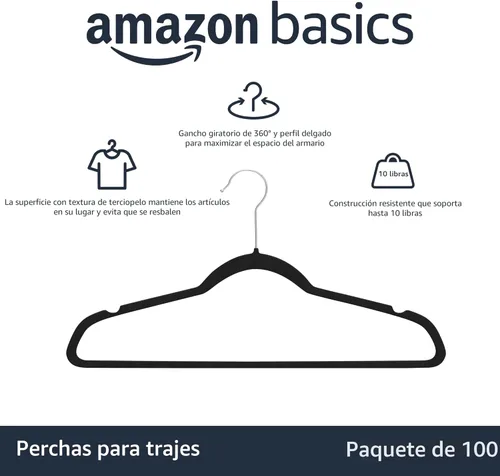 Miniatura 2 de Amazon Basics - Juego de 100 perchas para ropa, delgadas, antideslizantes y de terciopelo, color negro