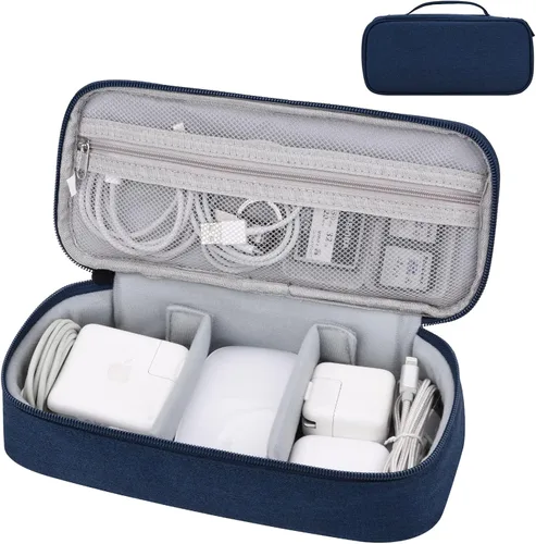 Estuche organizador de artículos electrónicos, bolsa de transporte para artículos esenciales de viaje, para cable, cable de carga (azul marino)