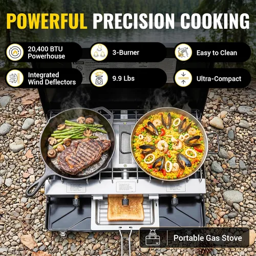 Miniatura 2 de FineFlame Estufa de campamento, 3 quemadores de propano portátil con regulador, encendido instantáneo con botón, quemadores ajustables y protectores