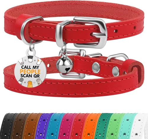 Miniatura 42 de BRONZEDOG Collar de cuero para gato con campanas extraíbles sin liberación rápida, etiqueta QR para gatito para niña y niño