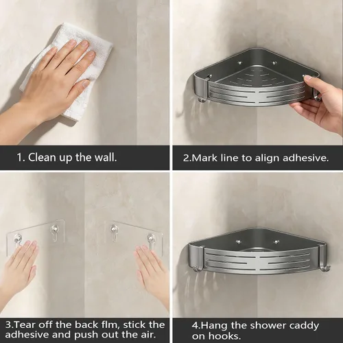 Miniatura 6 de Organizador de esquina para ducha, paquete de 2 estantes adhesivos con ganchos para toalleros, sin perforaciones, impermeable, a prueba de óxido