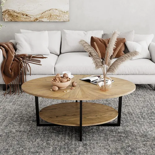 Miniatura 4 de Mesa de Centro Ovalada de Madera Maciza con Patas de Metal Cruzadas, Mesa Central Industrial Moderna de 43.3 Pulgadas con Estante Abierto Mesa