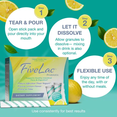 Miniatura 3 de Global Health Trax GHT - Mezcla de bebida en polvo probiótica de limón FiveLac, probióticos para mujeres, hombres y niños, apoyo y eliminación