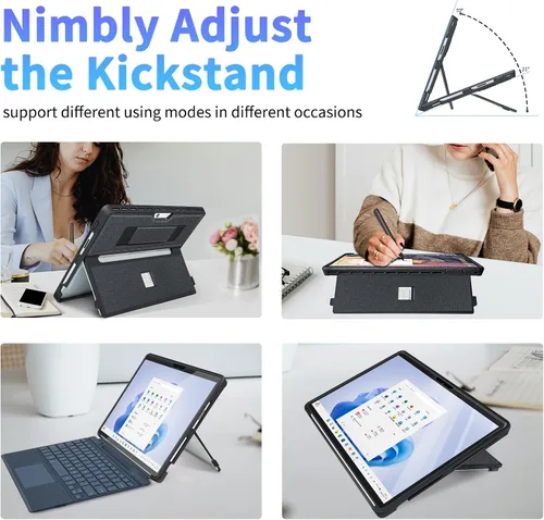 Miniatura 7 de Funda para Microsoft Surface Pro 11/10/9/8 de 13 pulgadas, con cubierta de soporte, correa de mano, funda resistente todo en uno compatible con Negro