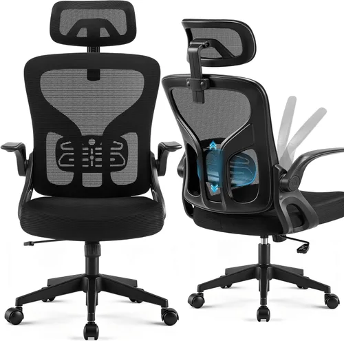 Office Chair Ergonomic Desk Chair with Adjustable Headrest Lumbar Support, High Back Breathable Mesh Chair with 120° Tilt & Flip-Up Armrests, Swivel