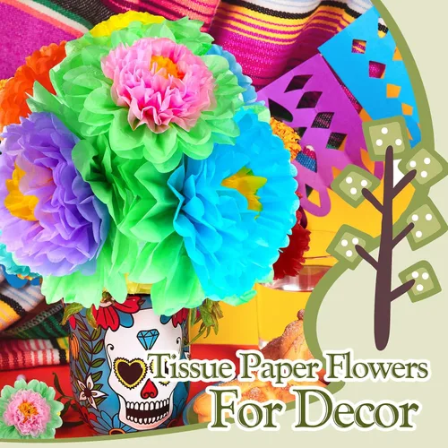 Miniatura 4 de Tigeen Juego de 51 flores de papel mexicanas gigantes de tejido 3D, Mardi Gras, carnavales, crepé colorido, fiesta, flores de papel para pared