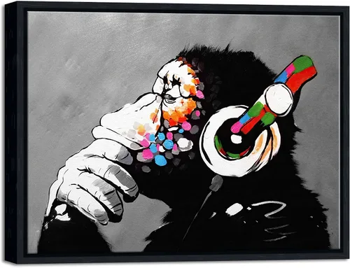 Wieco Art Marco Negro Mono con Auriculares Banksy Arte de Graffiti Abstracto Pinturas en Lienzo Impresiones Arte de Pared en Lienzo de Animales para