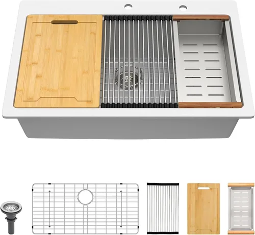 Miniatura 13 de Lordear Fregadero de Bar Empotrado de Granito Compuesto de 18 Pulgadas 18"x18" Fregaderos de Cocina de Cuarzo Compuesto Negro de Un Solo Tazón Bajo
