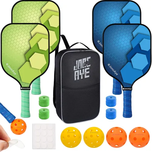 JoncAye Pickleball Paddles Set of 4 or 2, USAPA Approved Fiberglass Rackets with Outdoor Indoor Balls, Bag, Overgrip, Lightweight for Family, Azul y