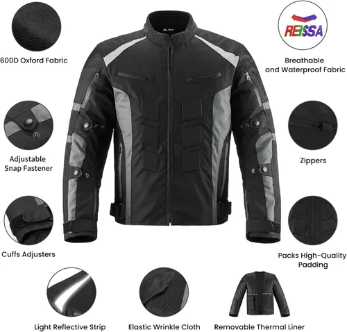 Miniatura 2 de Chaqueta de motocicleta ILM con armadura CE para hombres Enduro Touring Dualsport, resistente al agua, textil, para todo tipo de clima B02 Negro