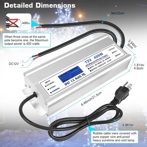 Miniatura 4 de Fuente de alimentación LED de 12 V 400 W, transformador de bajo voltaje impermeable IP67, convertidor de voltaje constante de CA a CC 12 V 33.3 A