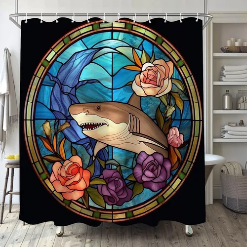 Miniatura 8 de YLATY4413 - Cortina de ducha de mapache para baño, diseño de hojas de flores, arte de cristal, bohemio, tela abstracta, moderna, impermeable