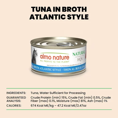 Miniatura 5 de almo nature HQS - Comida húmeda natural para gatos, atún en caldo estilo atlántico, sin granos, 2.47 onzas (paquete de 24)