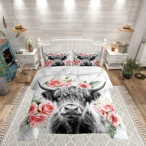 Erosebridal - Juego de funda de edredón con flores de vaca de las Highlands, tamaño Queen, diseño de toro, juego de ropa de cama de ganado vacuno,