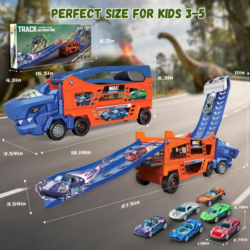 Miniatura 2 de Juguetes de Camión de Dinosaurios para Niños de 3-5 - Camión Transportador con 6 Autos de Juguete Fundidos a Presión, Camión 3 en 1 con 2 Pistas