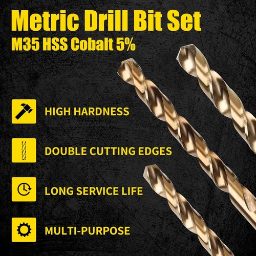 Miniatura 3 de Juego de brocas de cobalto, 19 piezas métricas M35 HSS punta de 135 grados, punta dividida, longitud Jobber, broca helicoidal para metal endurecido