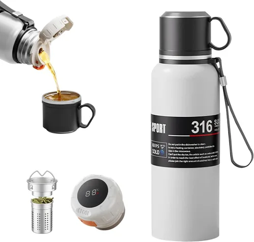 Botella de agua aislada de boca ancha de acero inoxidable a prueba de fugas al vacío de doble pared, vaso de té con infusor, taza, tapa; termos
