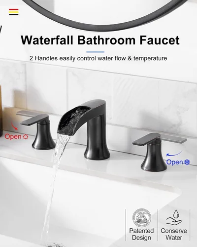 Miniatura 2 de Grifo de lavabo de baño de bronce aceitado con cascada de 3 agujeros, grifos de baño de latón de 4 a 8 pulgadas con drenaje emergente y líneas