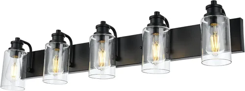 Miniatura 9 de Lámpara de baño vintage de 3 cabezales en acabado negro mate, pantalla de vidrio transparente clásica, iluminación de baño sobre espejo, lámpara