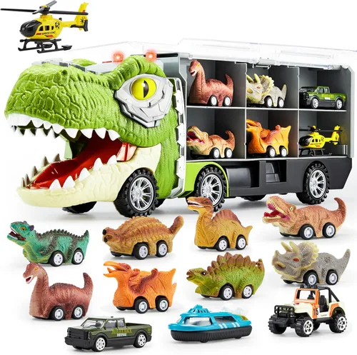 JOYIN Juguetes de dinosaurio 13 en 1 para niños de 3 a 5 años, camión de dinosaurio con 12 autos de tracción, juguetes de regalo de cumpleaños para