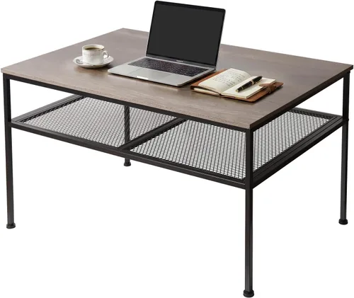 Miniatura 15 de SENIG Mesa de café pequeña rectangular marrón de madera y metal con estante de almacenamiento para salas de estar pequeñas