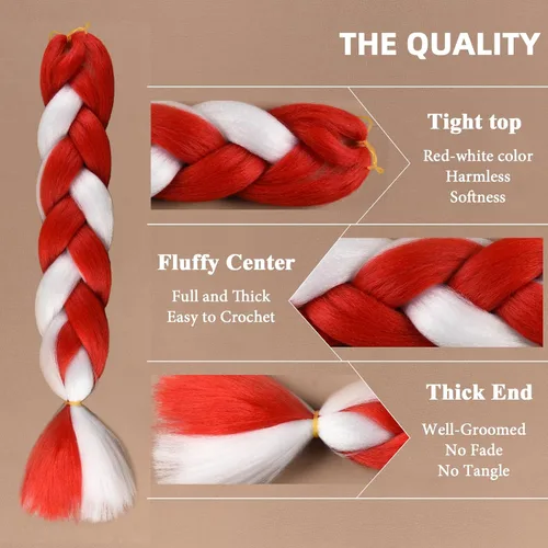 Miniatura 5 de Extensiones de cabello trenzado jumbo para niños y niñas, extensiones de cabello trenzado de bastón de caramelo, cabello trenzado rojo/blanco de 24