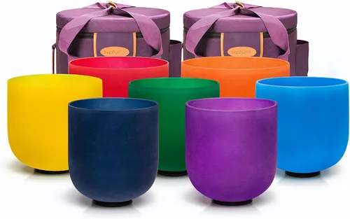 Miniatura 17 de TOPFUND Juego de 7 cuencos de canto de cristal para chakras de 15.24 a 30.48 cm con funda de transporte resistente y mazos Nota C