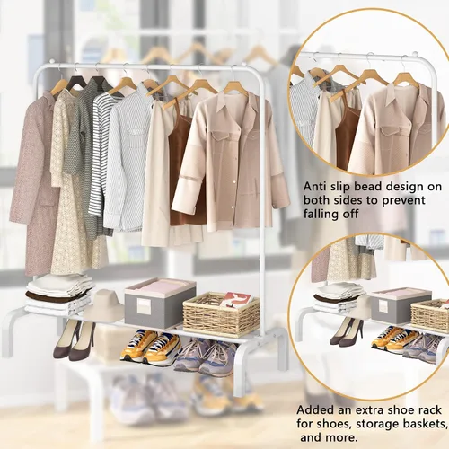 Miniatura 5 de Perchero de metal para ropa con estante inferior, perchero para colgar ropa, camisas, jeans y abrigos, color blanco